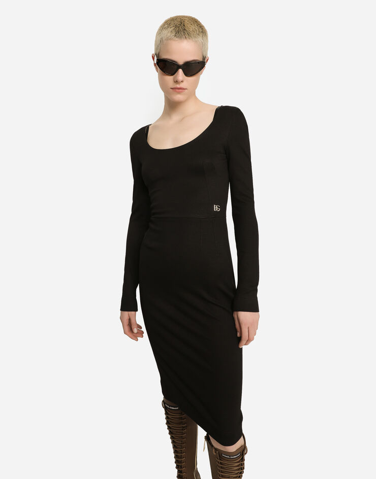 Dolce & Gabbana Milano rib calf-length dress with DG logo Black F6ARMTFUGPN