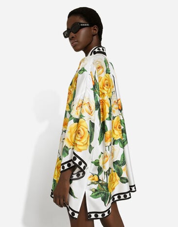 Dolce & Gabbana Oversize-Bluse aus Seide Gelbe-Rosen-Print Drucken F5Q42TGDA9C