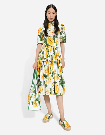Dolce & Gabbana Hemdblusenkleid aus Baumwolle Gelbe-Rosen-Print Drucken F6AGMTHS5NO