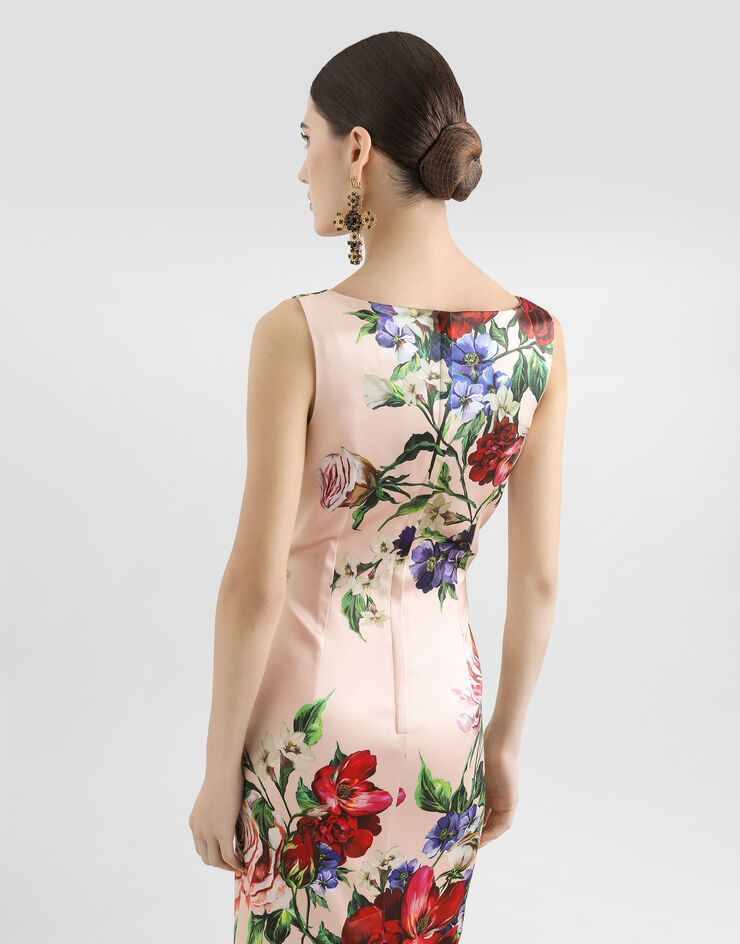 Dolce & Gabbana Abito longuette a tubino in raso stampa Fiori Stampa F6TTYTFSIB5