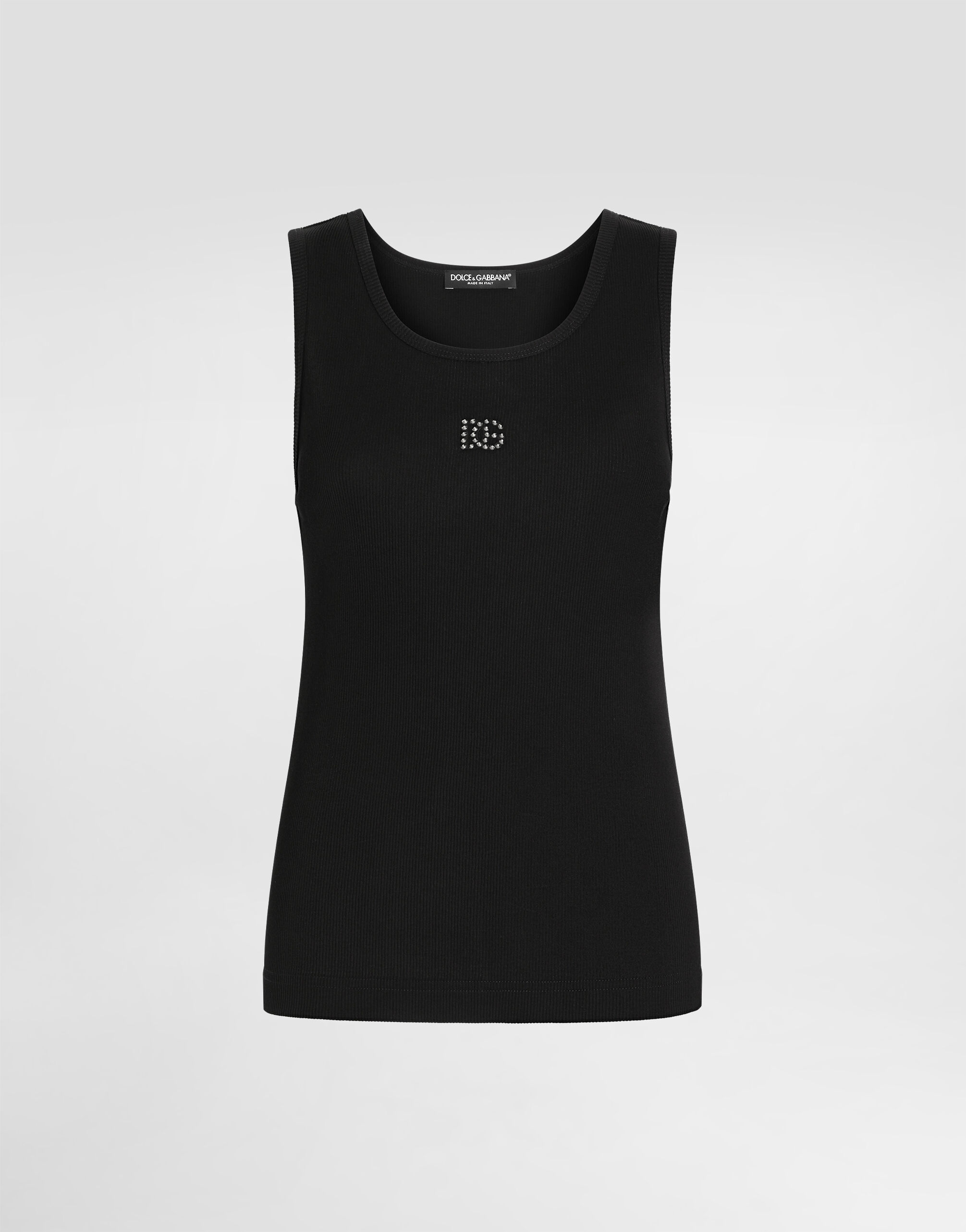 D&G ブラック タンクトップ 38 ブラックのメンズ ロゴプレート ファインリブ スリムフィット タンク