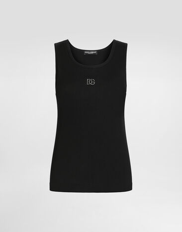 Dolce & Gabbana Ribbed tank top with DG embroidery and rhinestones Black F8V40ZGDDL8