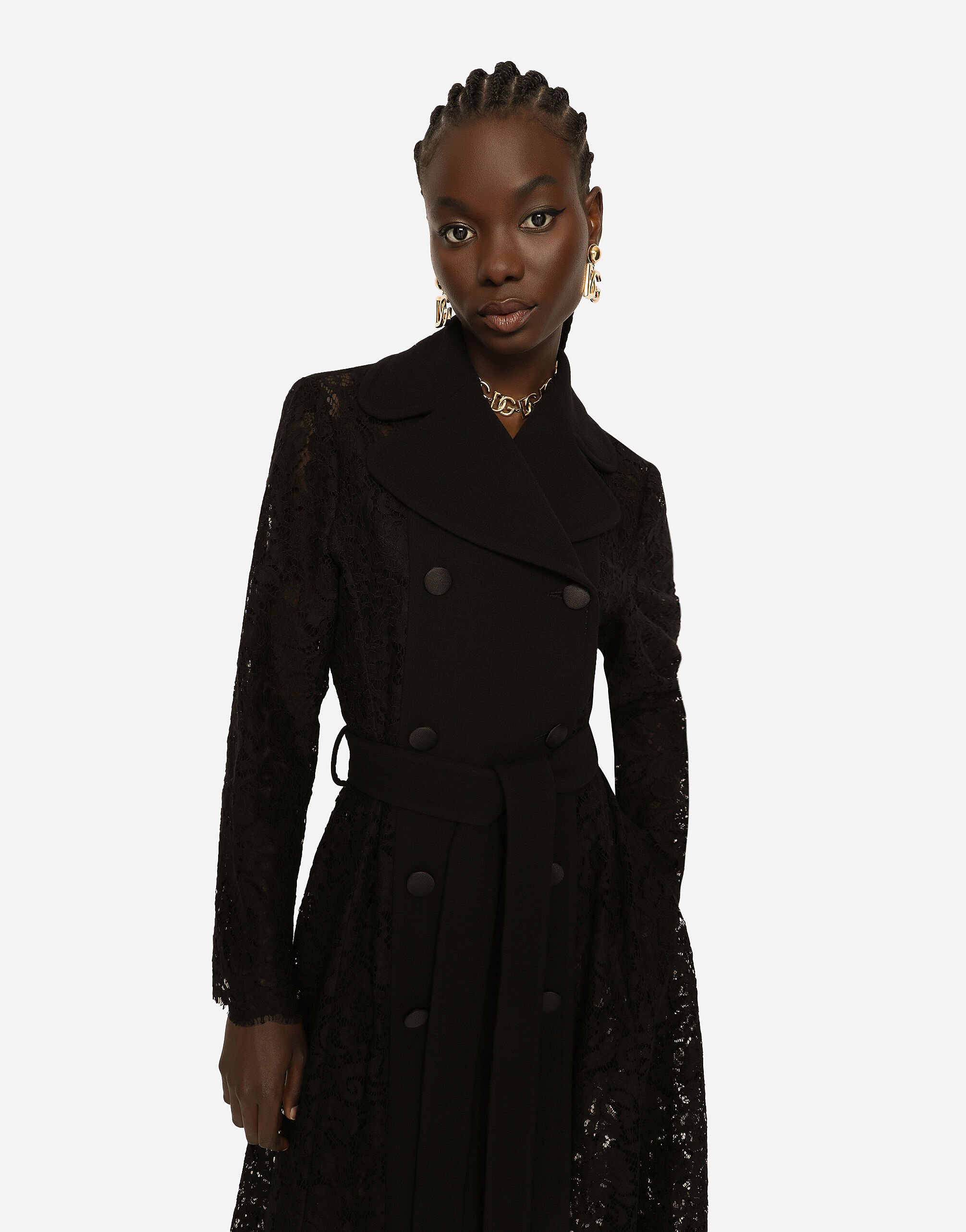 Belted double breasted crepe and lace coat in BLACK for