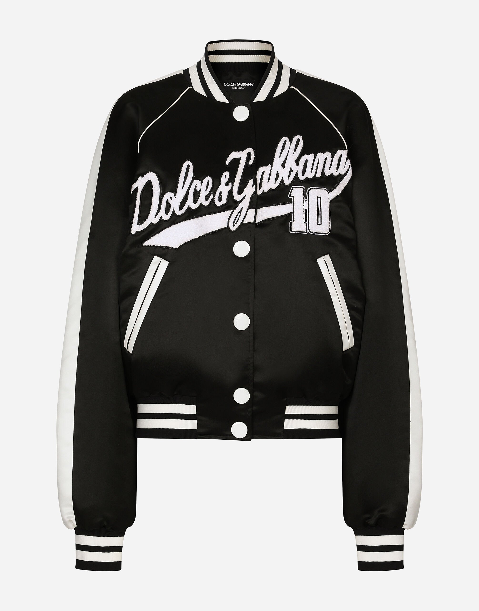 Dolce & Gabbana Satin varsity bomber jacket with Dolce&Gabbana embroidery Multicolor O9A13JFSG6D