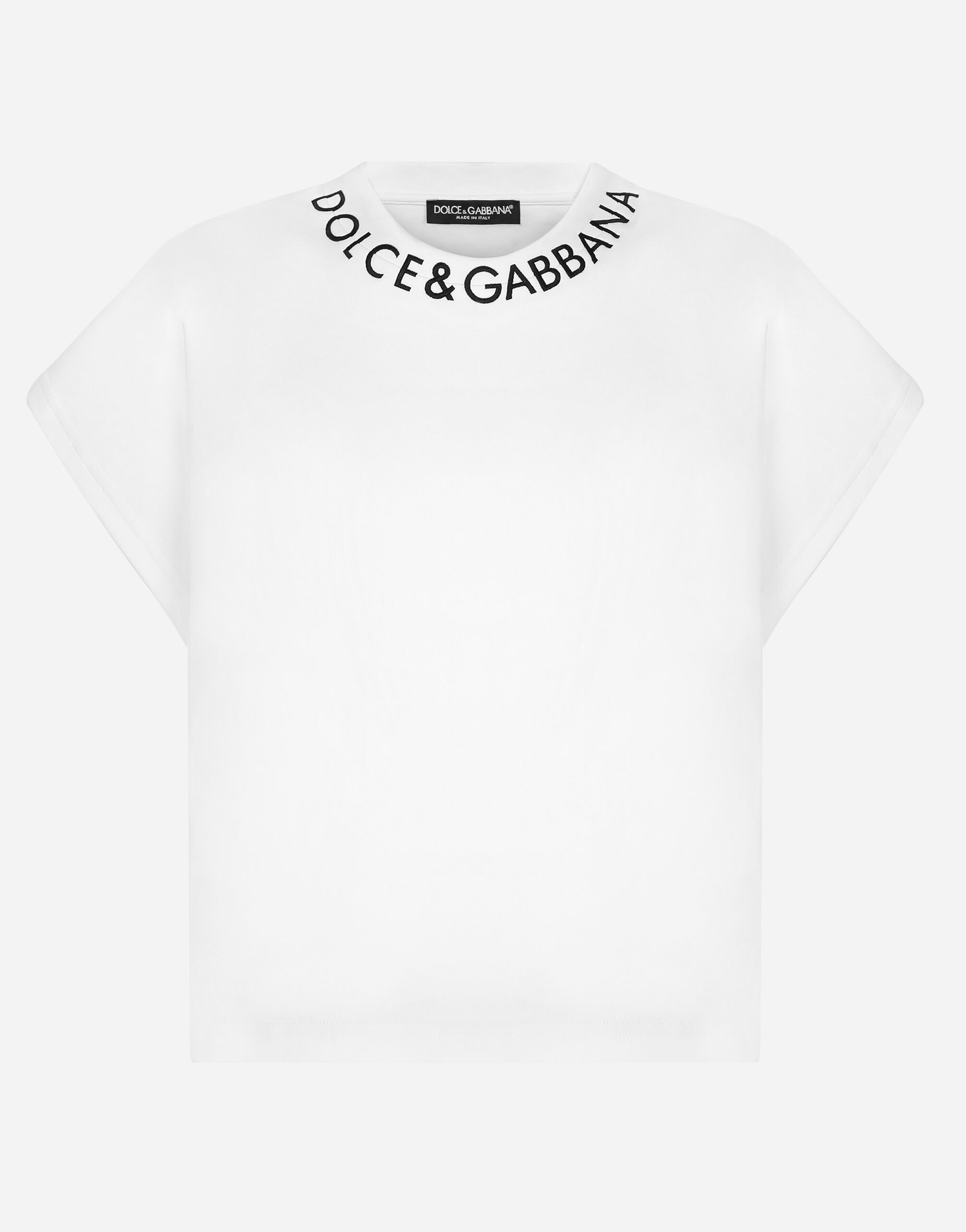 Dolce&Gabbana Jersey T-shirt with logo on neck Beige F9N83TFUGRR