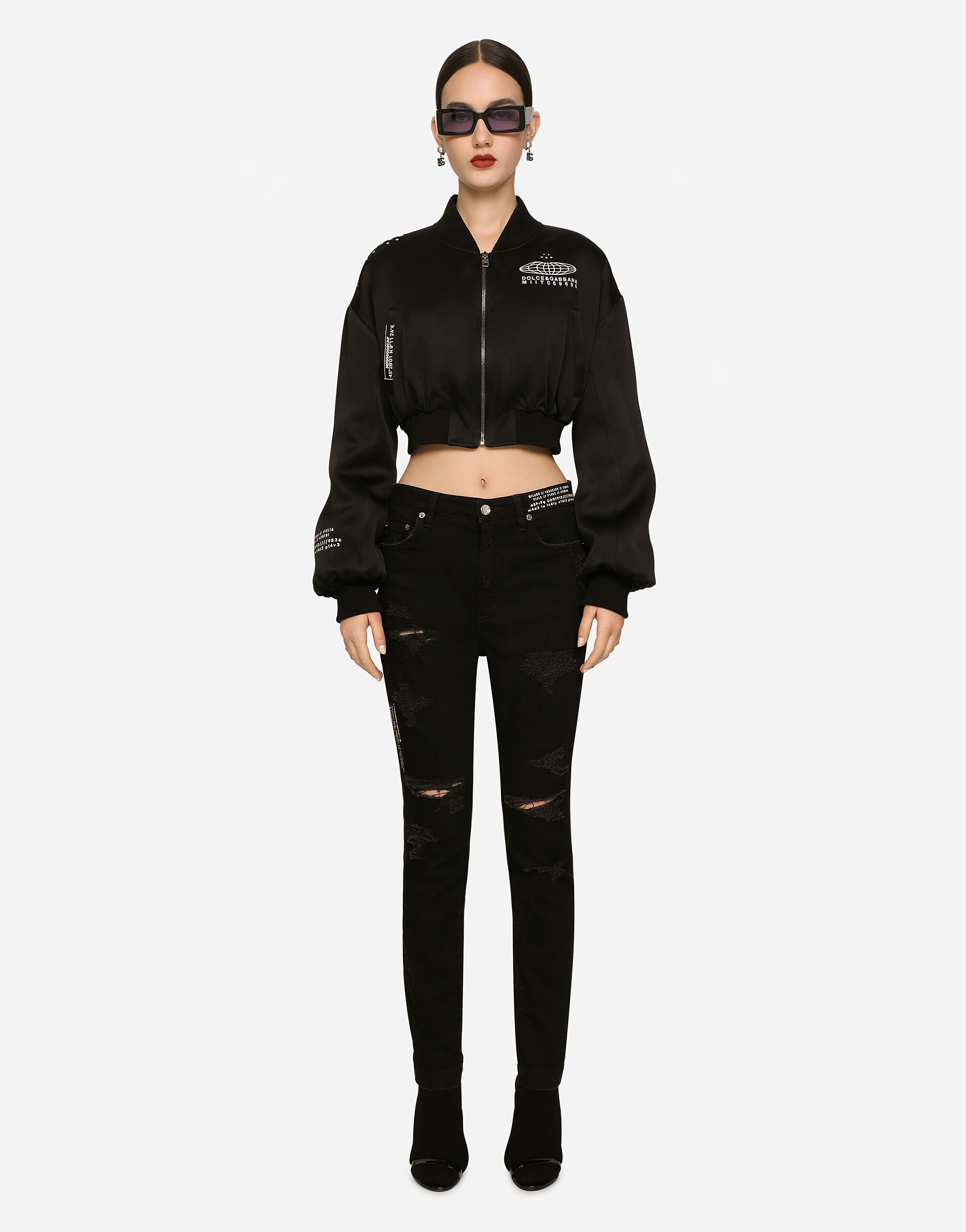 Short satin bomber jacket with DGVIB3 print in Black for