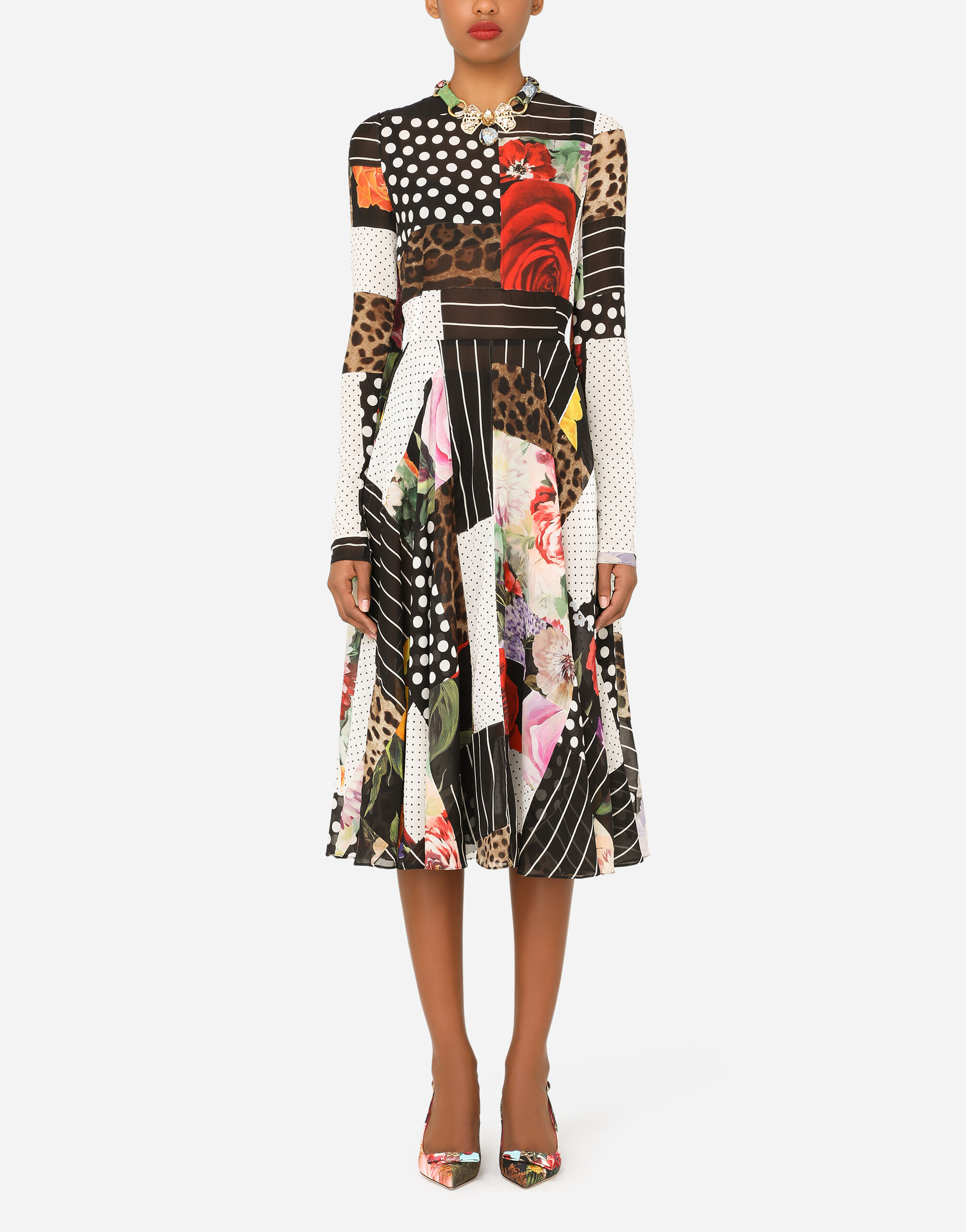 Patchwork chiffon and georgette calf-length dress