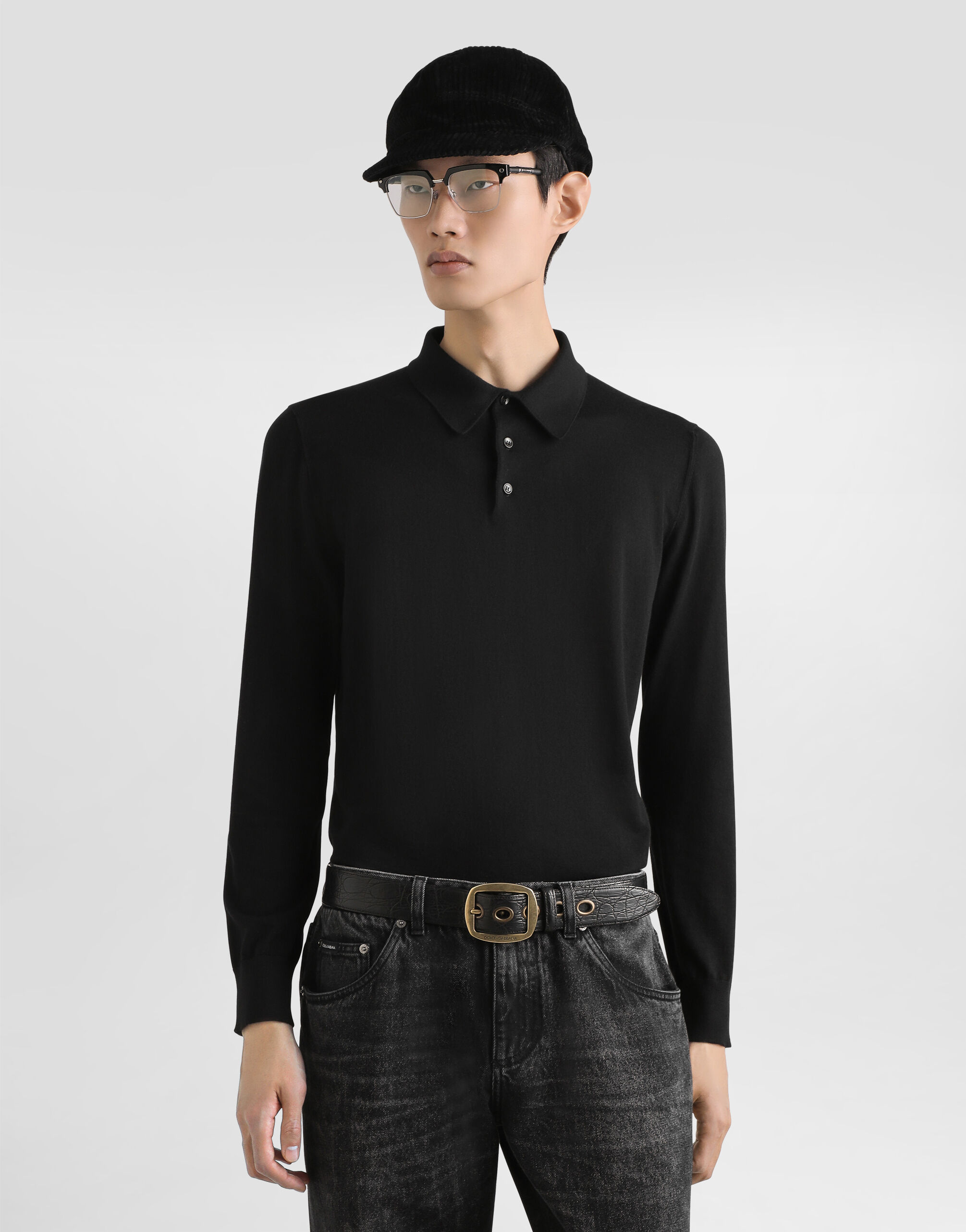 DOLCE&GABBANA ポロシャツ 長袖 Blackのメンズ ファインゲージ カシミア ポロシャツ
