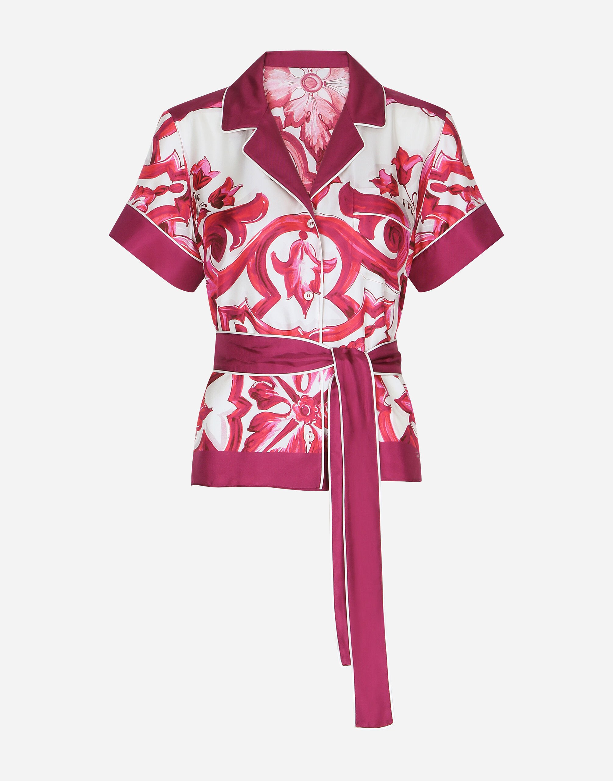 Dolce & Gabbana Camisa de sarga con estampado Maiolica con cinturón Dorado CR1339AY828