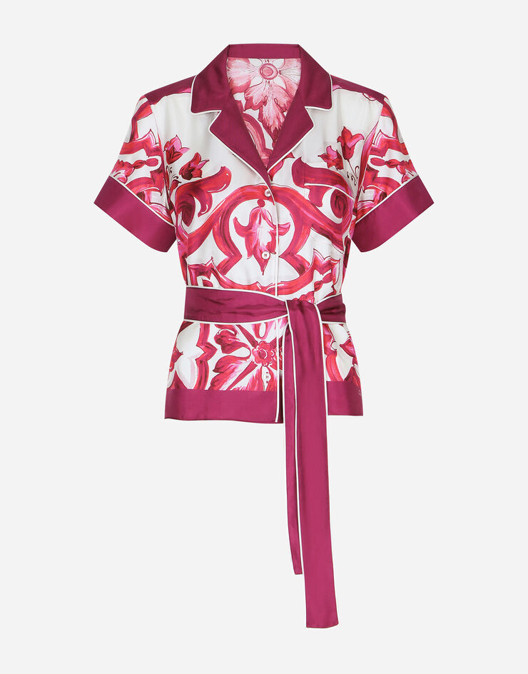 Dolce&Gabbana Bluse aus Twill Majolika-Print mit Gürtel Mehrfarbig F5G67THI1BF