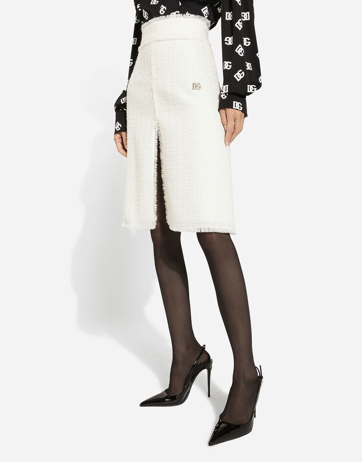 Dolce & Gabbana Raschel tweed midi skirt with central slit White F4CJHTGDCAW