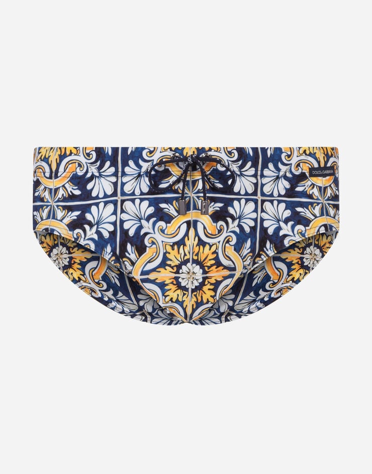 Dolce & Gabbana Swimming briefs with maiolica print on a blue background MAIOLICA PRINT M4A09JFSGS6