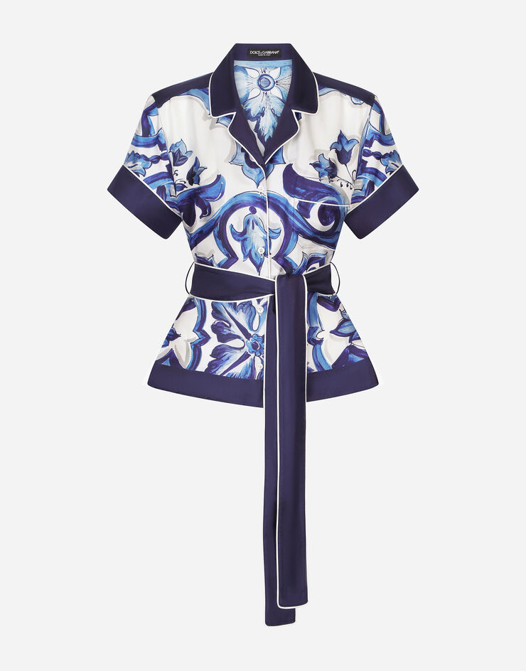 Dolce&Gabbana Рубашка из твила с поясом и принтом майолики разноцветный F5G67THI1BF