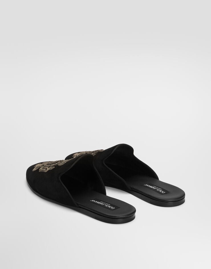Dolce & Gabbana Velvet slippers with coat of arms embroidery Black A80310AO249