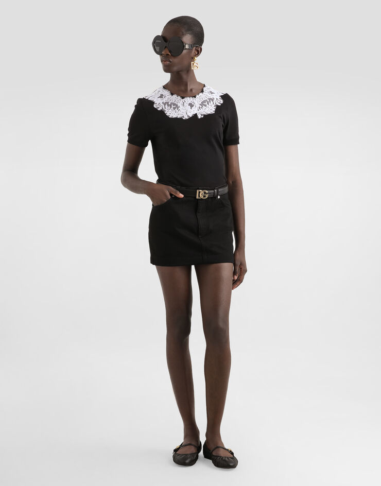 Dolce & Gabbana Jersey t-shirt with lace and DG patch Black F8V66ZGDDBR