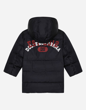 Dolce & Gabbana Long nylon down jacket with Dolce&Gabbana print and branded tag Blue L4JB6TG7NMN