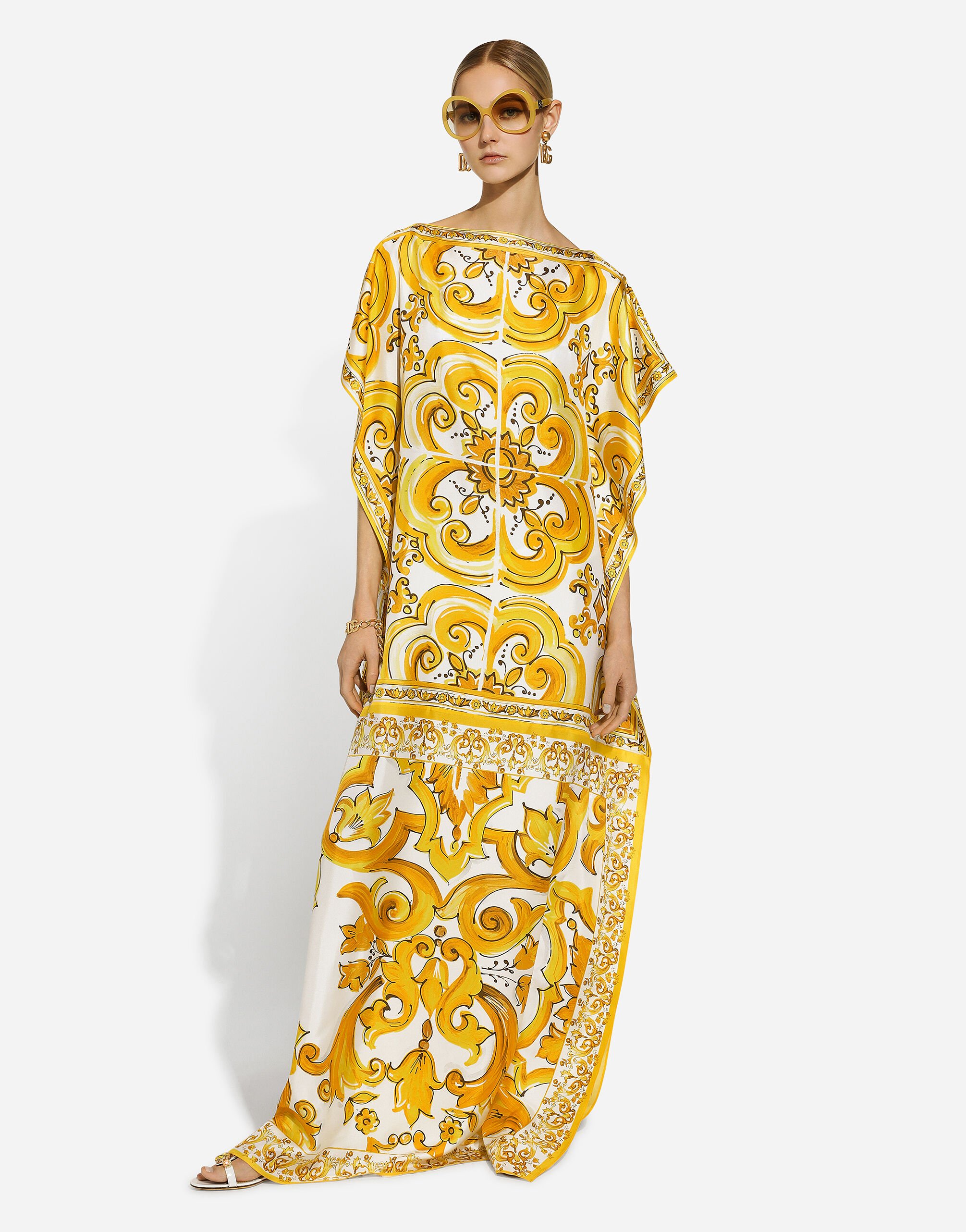 Silk twill caftan with majolica print in Print for Women Dolce Gabbana