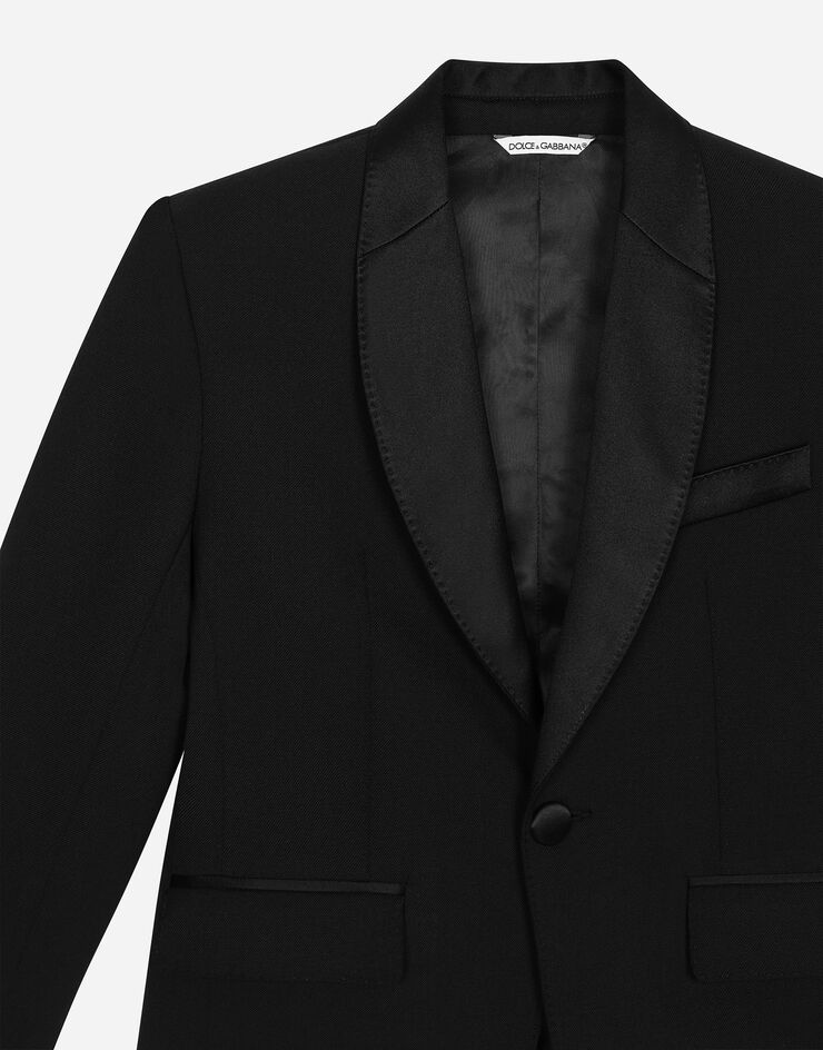 Dolce & Gabbana Veste droite en laine avec détails en duchesse Noir L41J83FUBE7