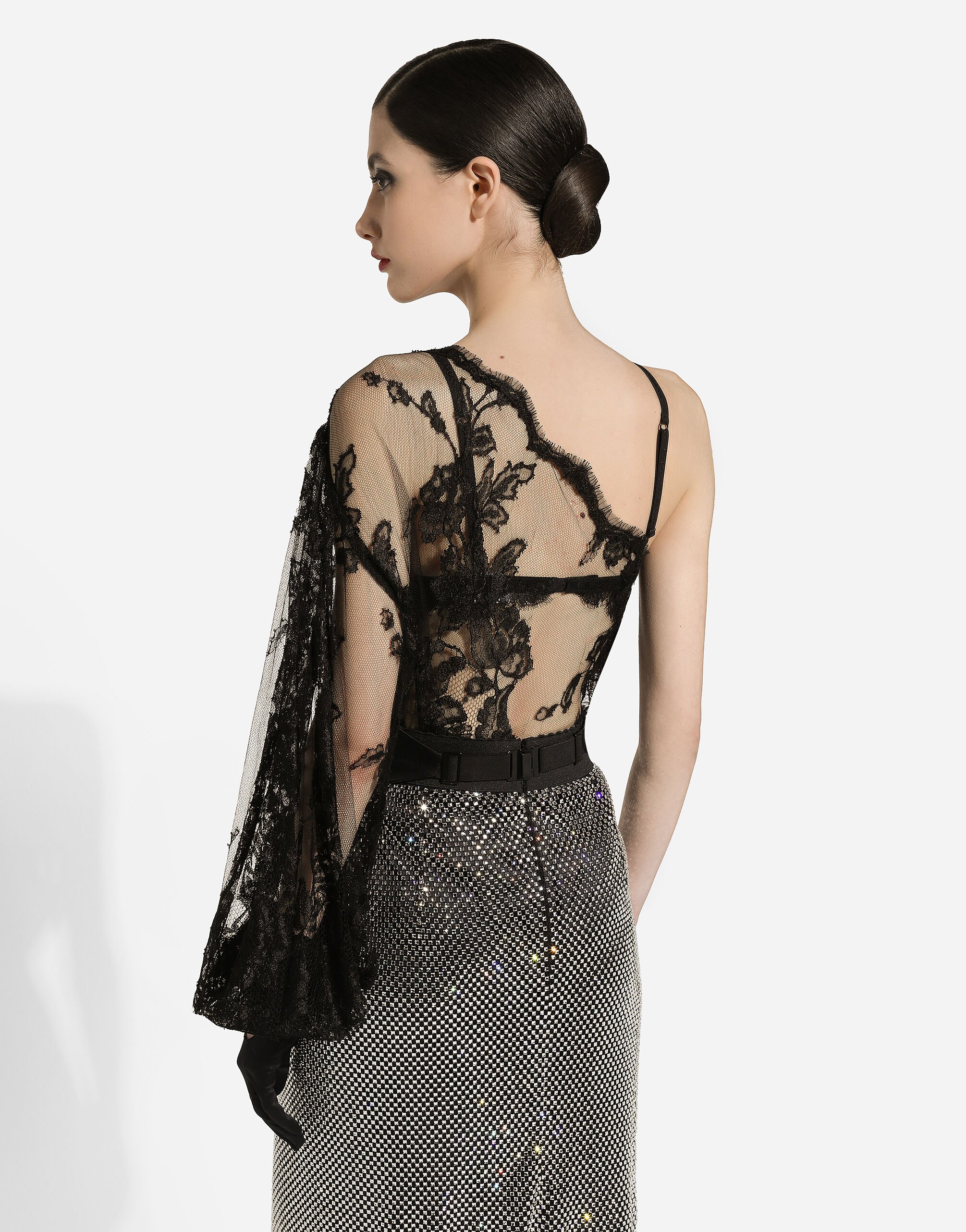 Chantilly lace one-shoulder blouse in Black for Women