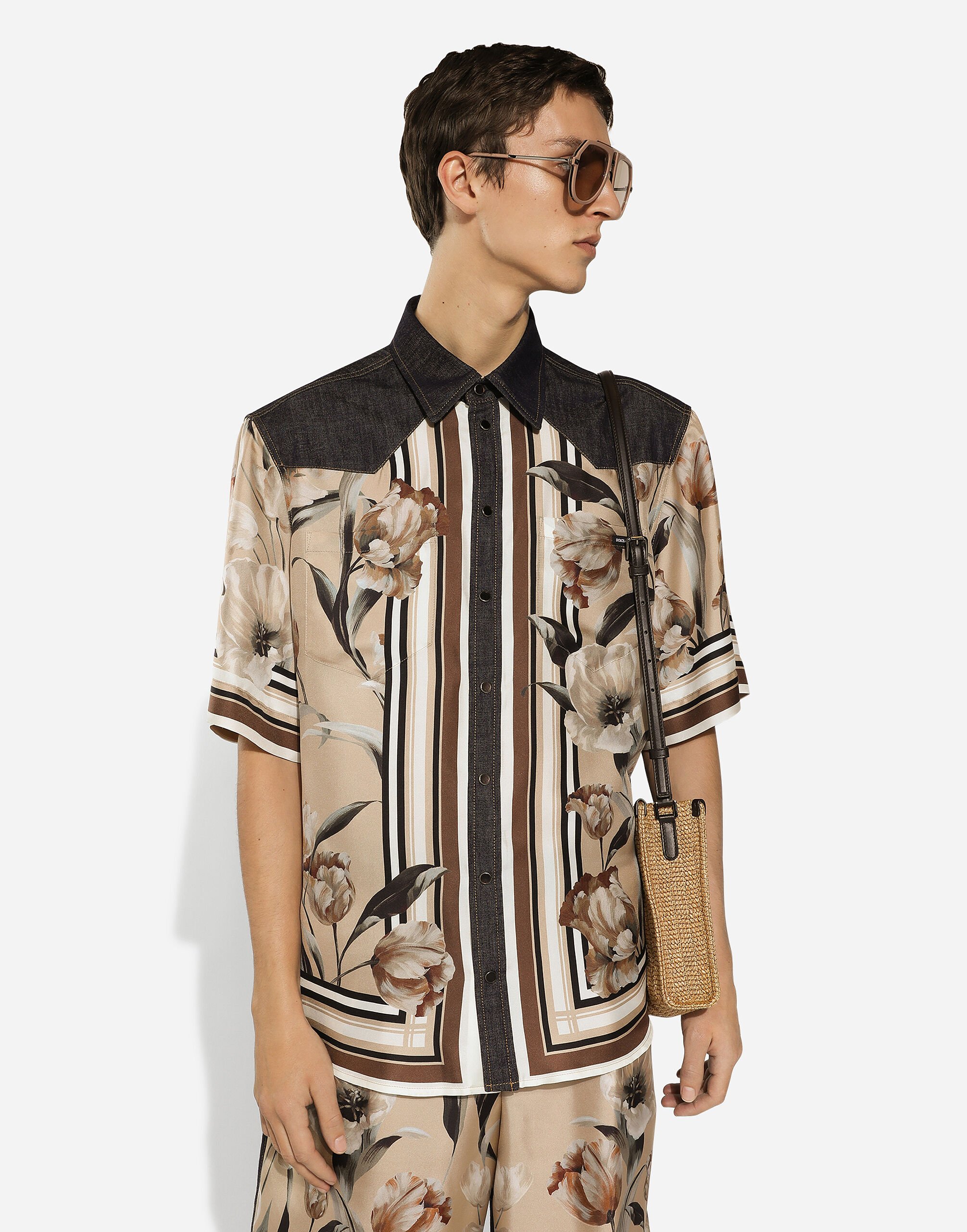 Chemise en denim et soie a imprime fleurs en Multicolore pour homme Dolce Gabbana