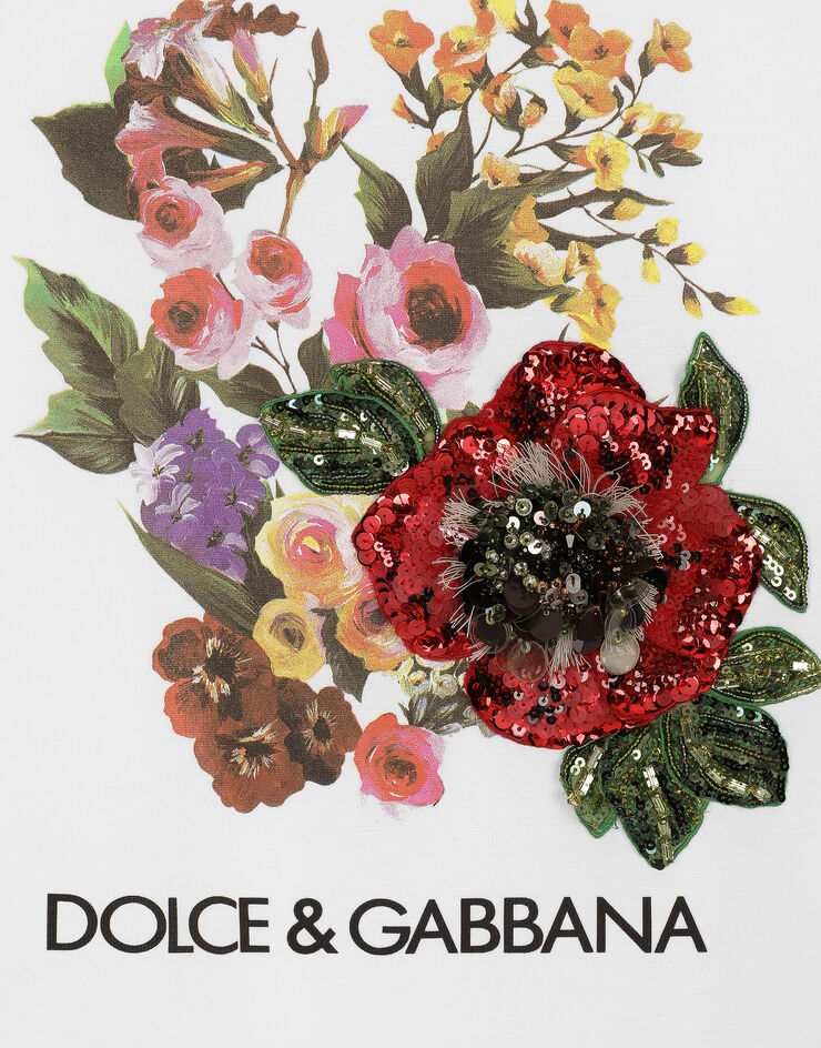 Dolce & Gabbana Tシャツ ジャージー プリント&フラワーエンブロイダリー ホワイト F8U74ZGDCBJ