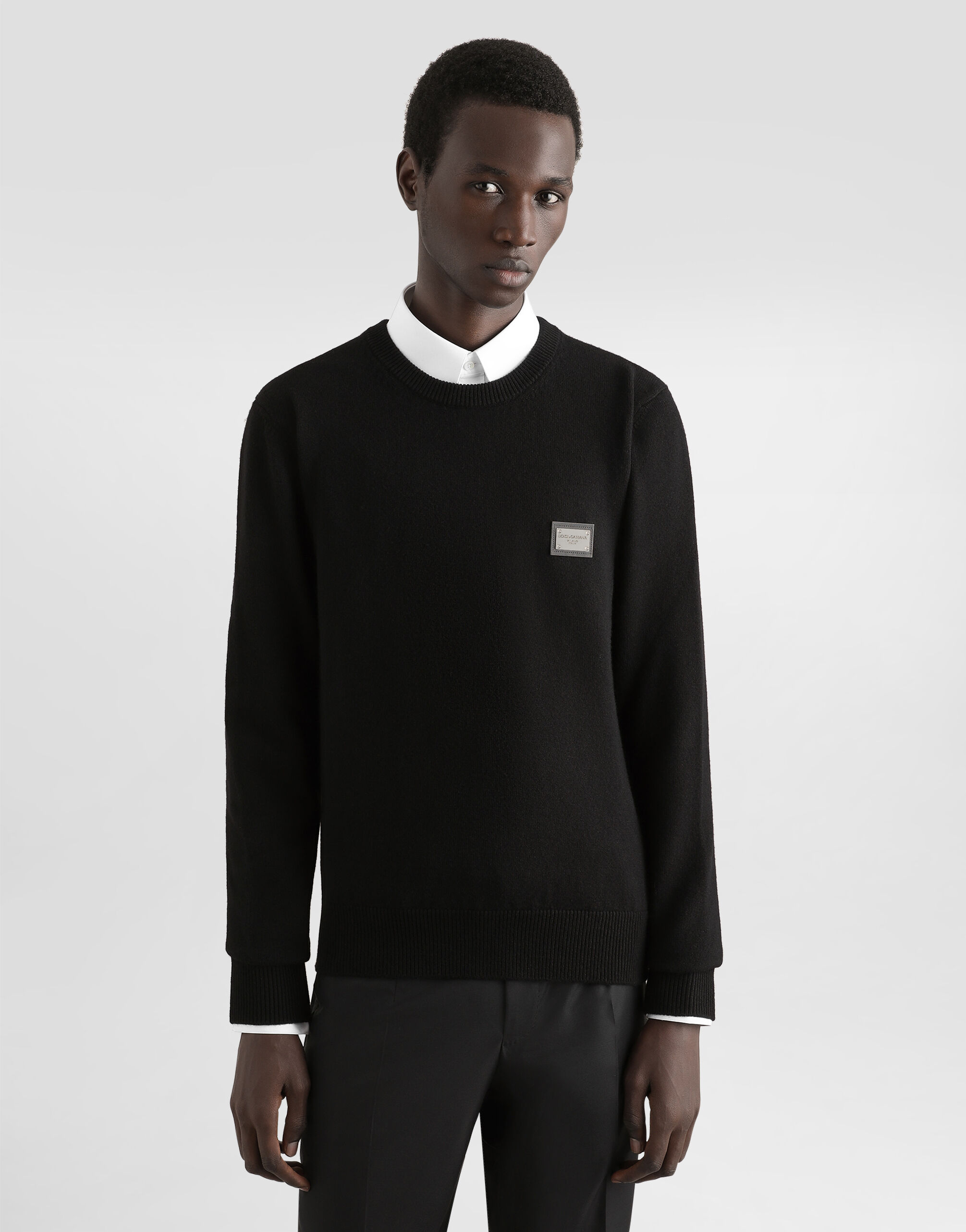 DOLCE & GABBANA カシミアセーター　半袖ニット　ブラック　サイズS Wool round-neck sweater with branded tag in Black for Men