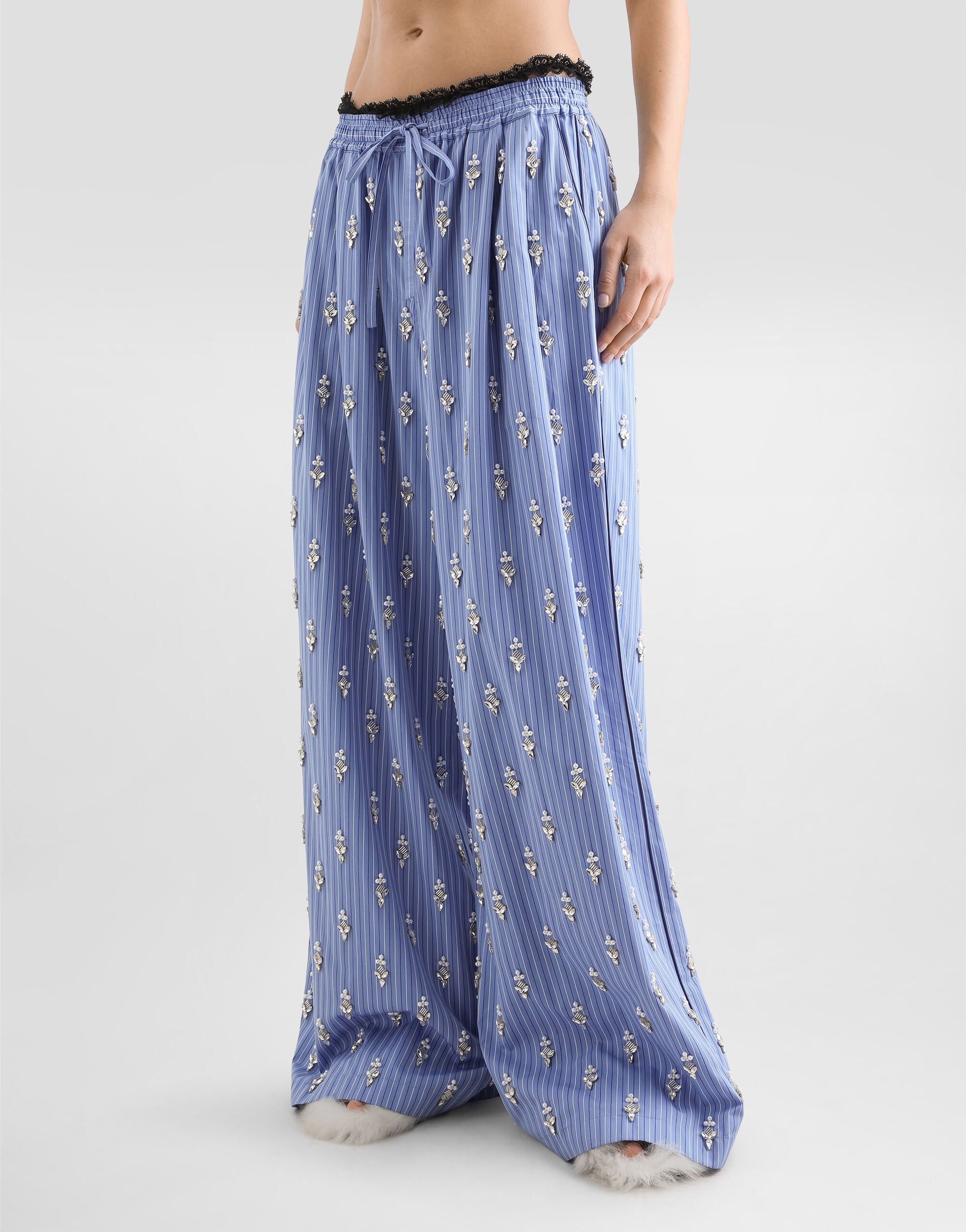 Poplin trousers with crystal flower embroidery in Multicolor for