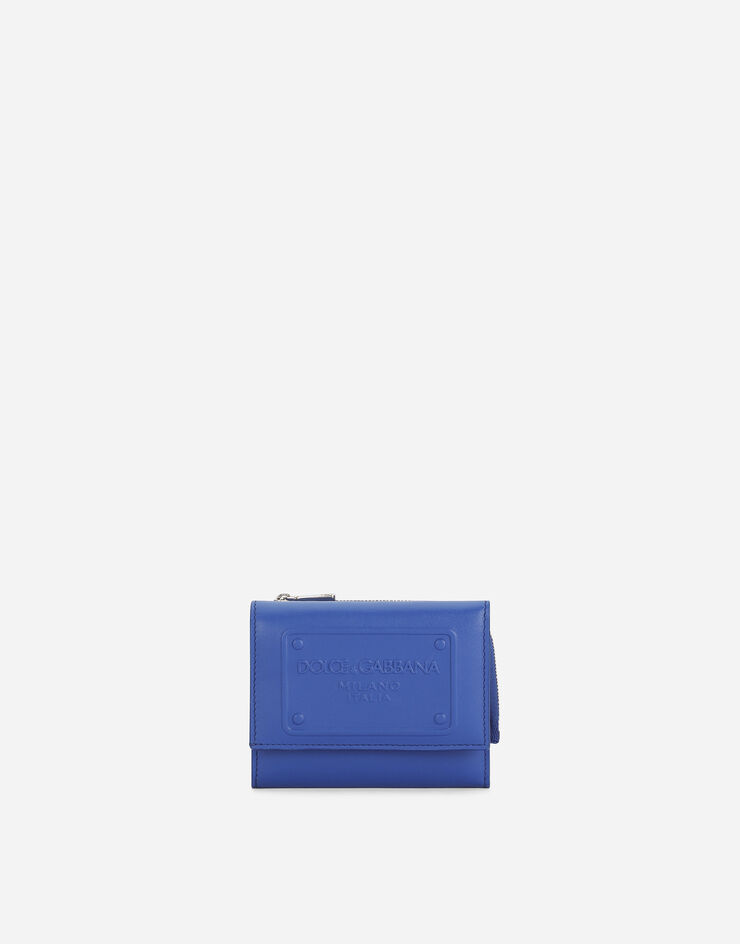 Dolce&Gabbana Portefeuille français à rabat en cuir de veau avec logo en relief Bleu BP3271AG218