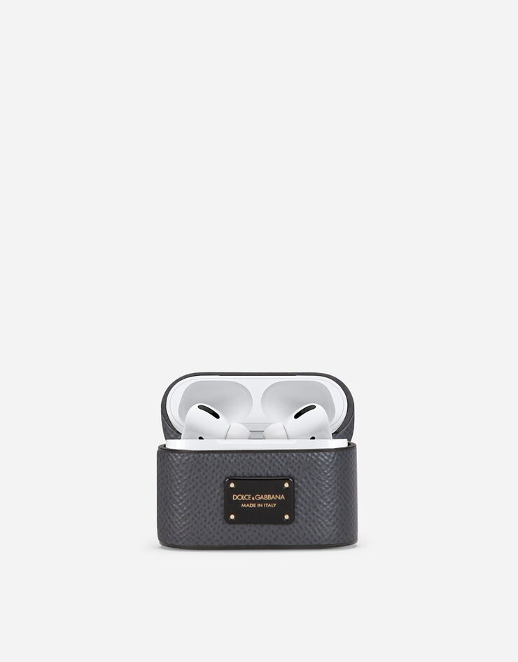 Dolce & Gabbana Estuche auriculares pro en piel de becerro dauphine con placa del logo Gris BP2816AW394