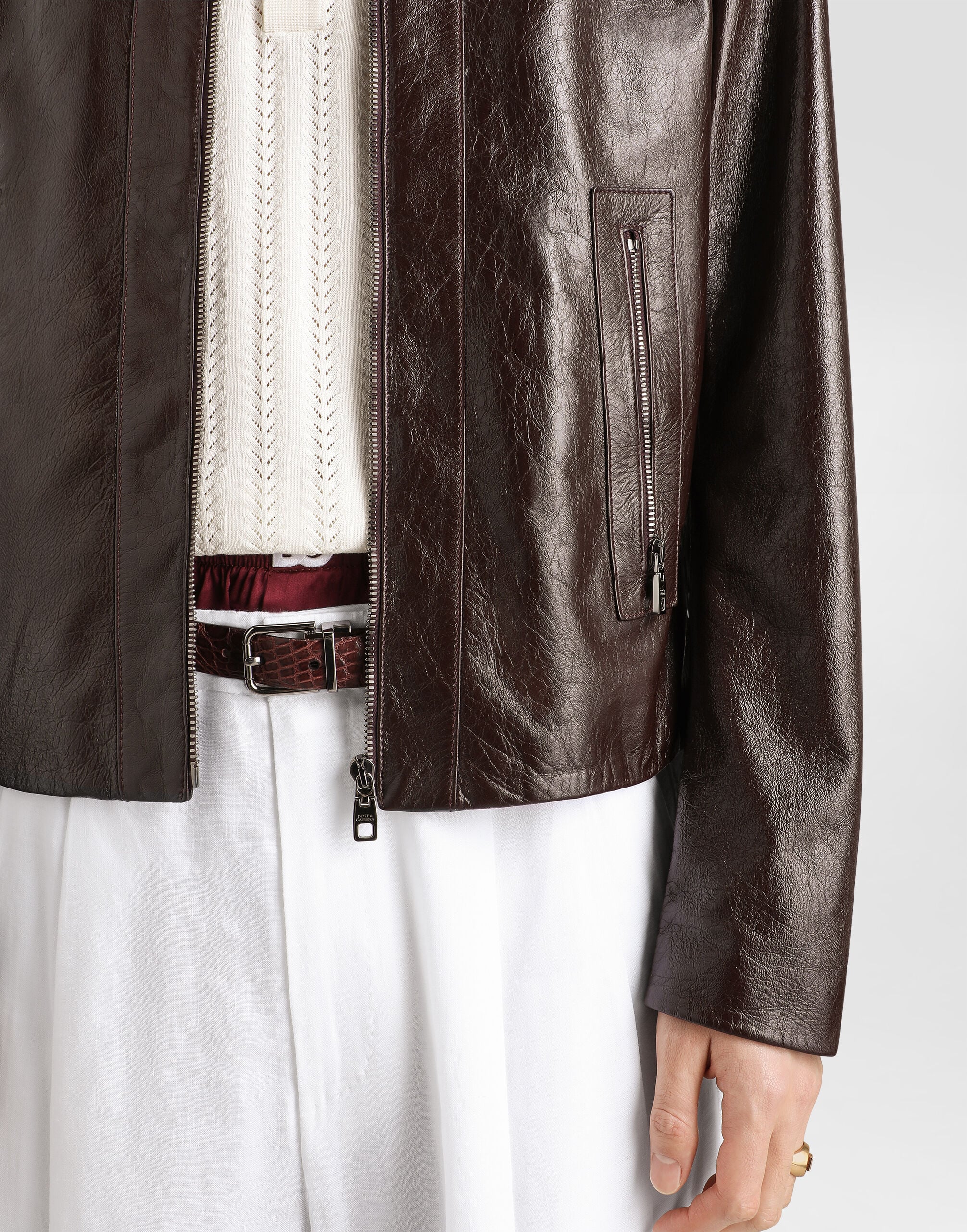 Intarsia leather jacket - thumbnail 6