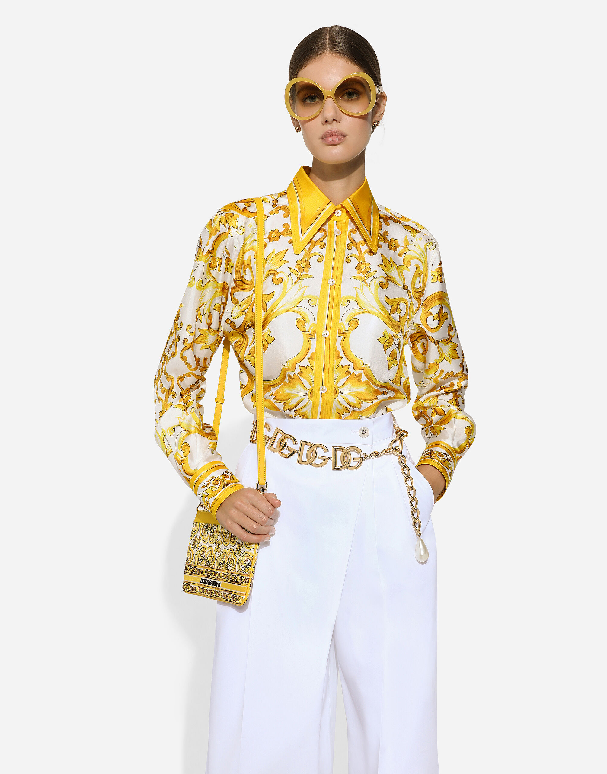 Silk twill shirt with majolica print in Print for Women | Dolce&Gabbana® US