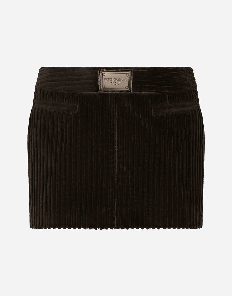 Dolce&Gabbana Corduroy miniskirt with logo tag Brown F4CO7TFUWEU