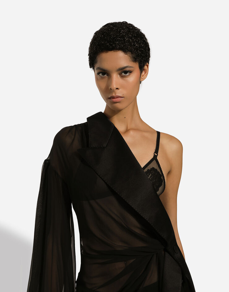 Dolce & Gabbana Langes One-Shoulder-Kleid aus Chiffon Black F6JHETFU1AT