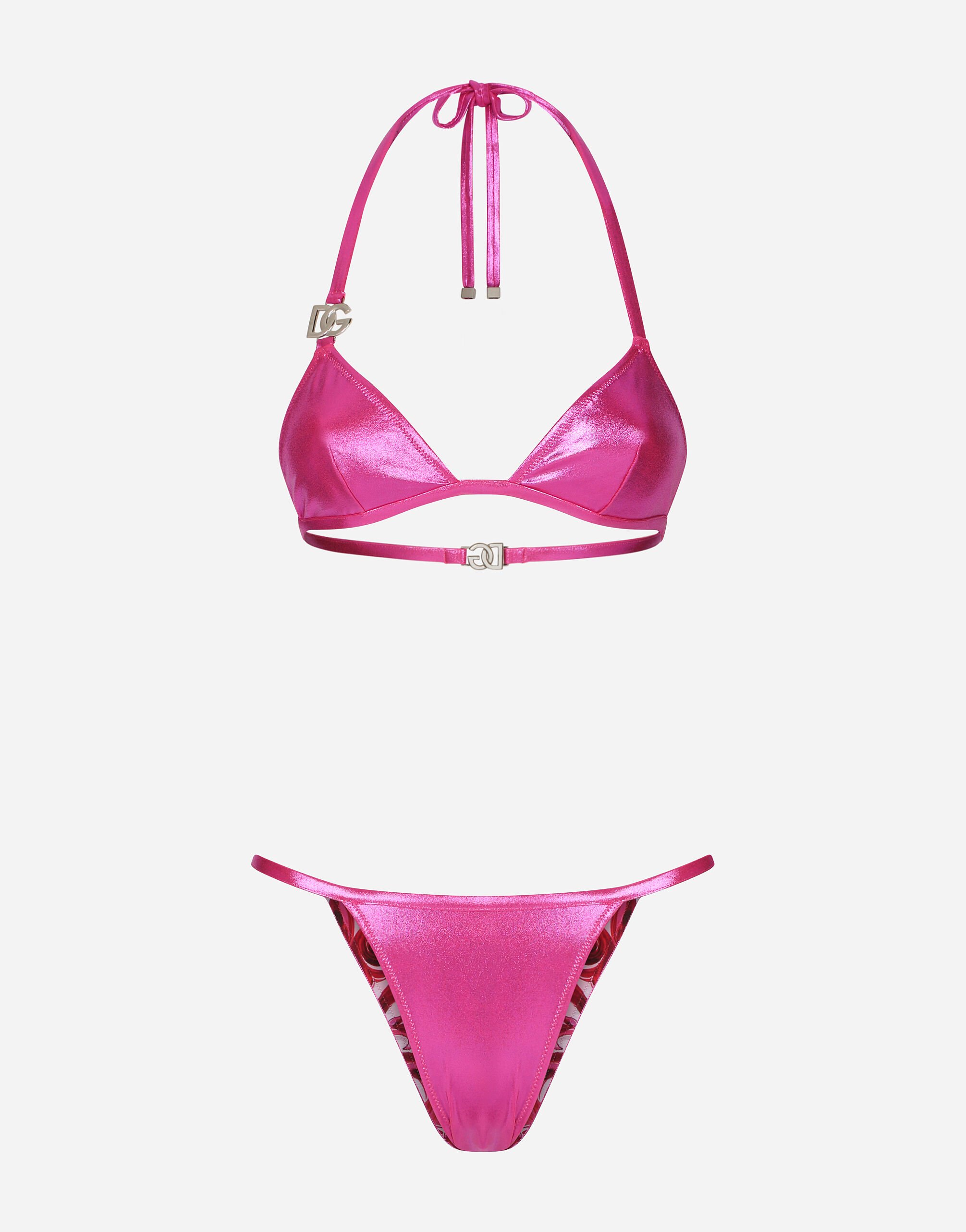 Dolce & Gabbana Laminated triangle bikini top with DG logo Pink O9C23JFUSOV