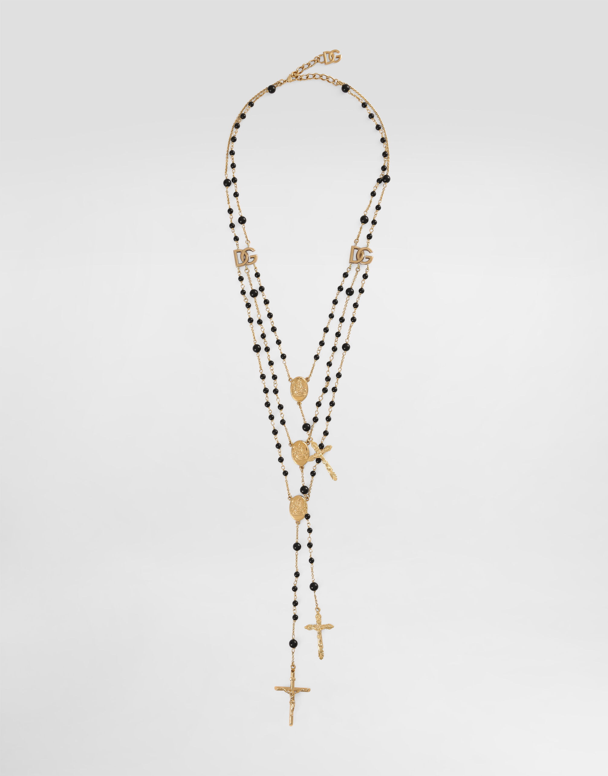 Dolce & Gabbana Gold Tone Brass Cross Black Beaded Chain