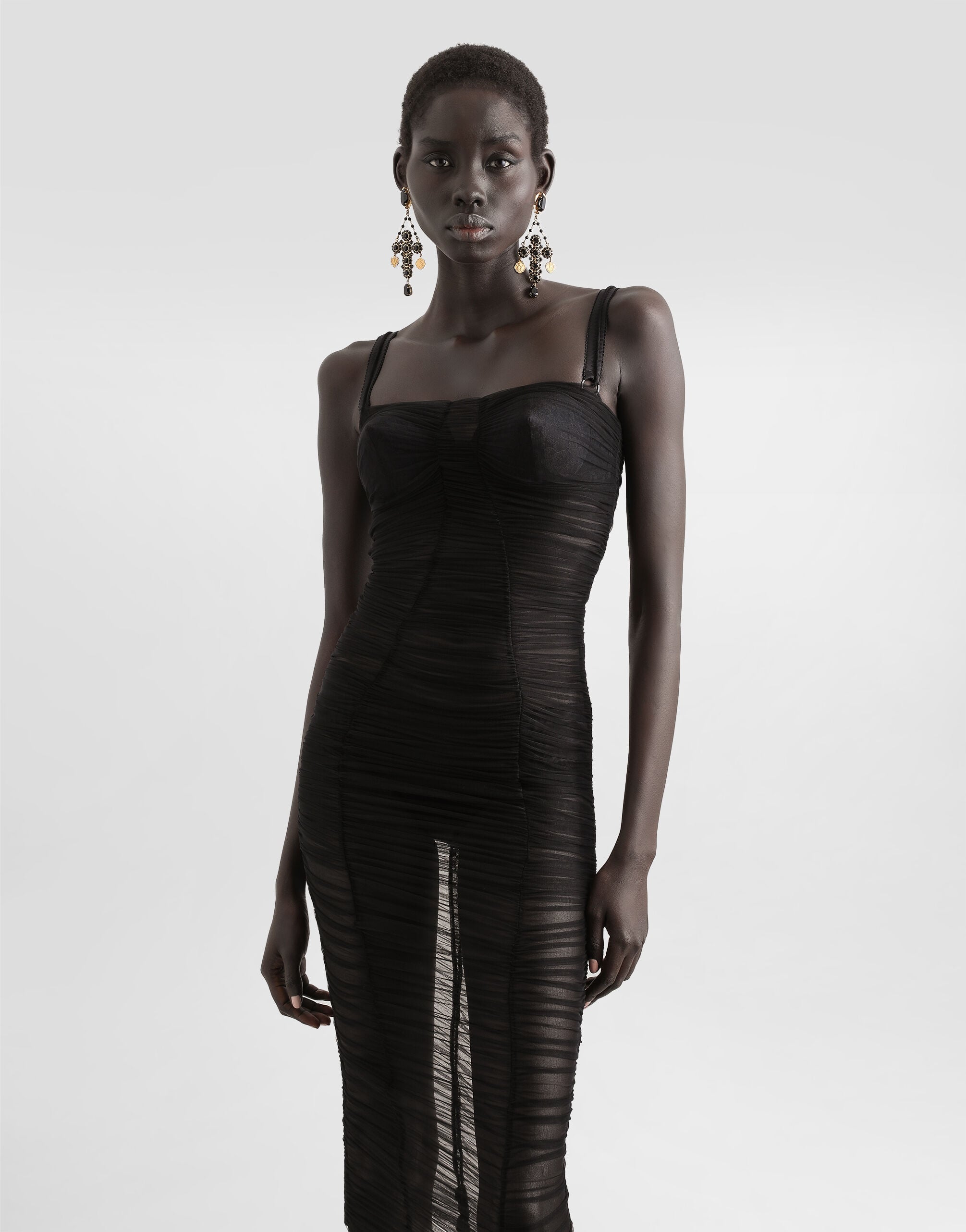 Tulle calf-length dress with draping in Black for Women