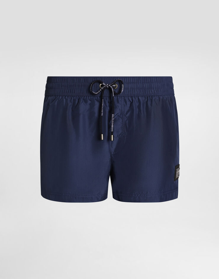Dolce & Gabbana Boxer da mare corto con placca logata Blu M4E48TON0DK