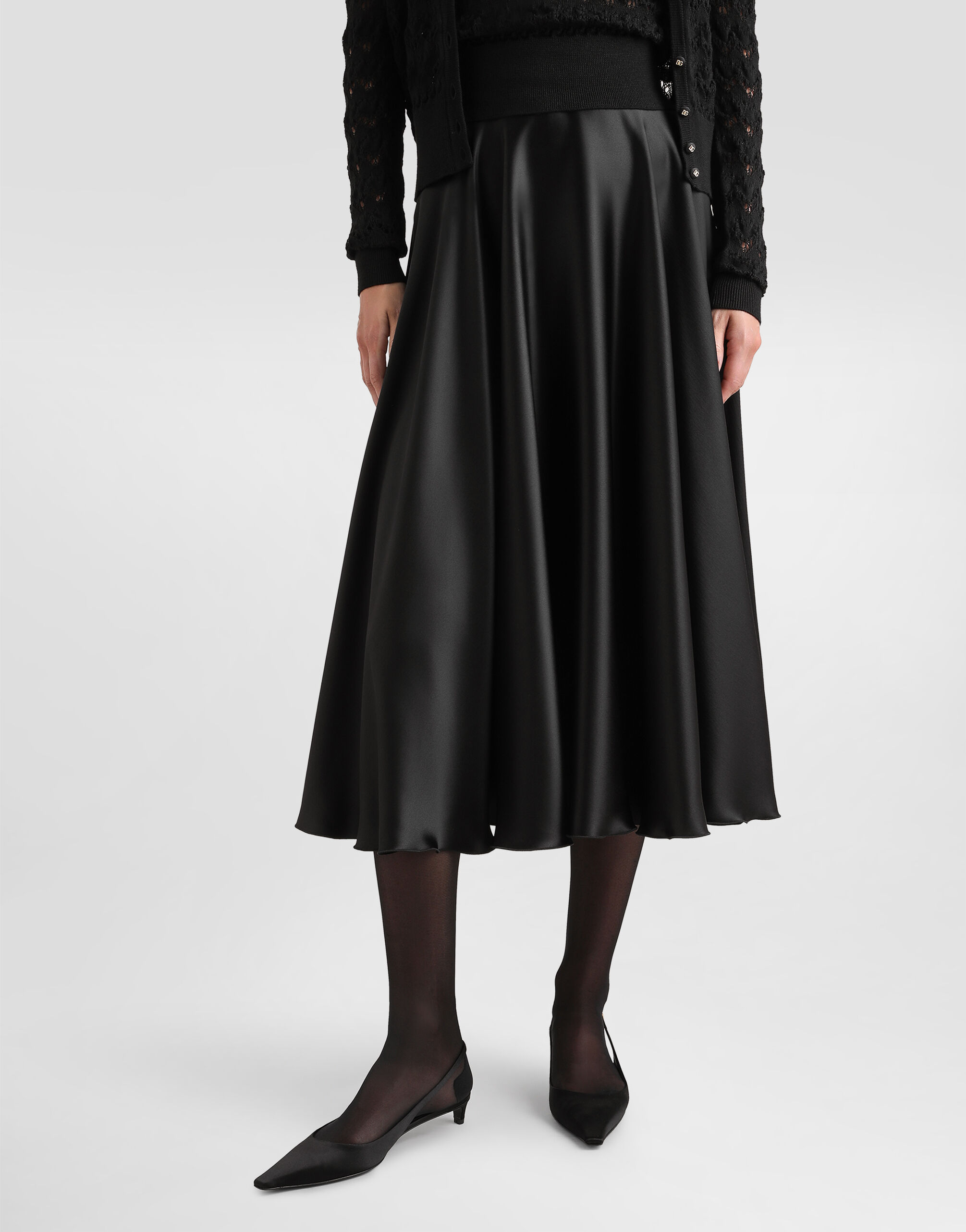 Silk satin calf-length circle skirt in Black for Women