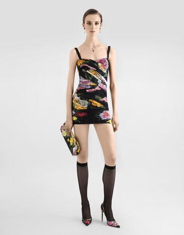 Dolce & Gabbana Short tulle dress with draping and peony and rose print Print F6TLETFSUBI