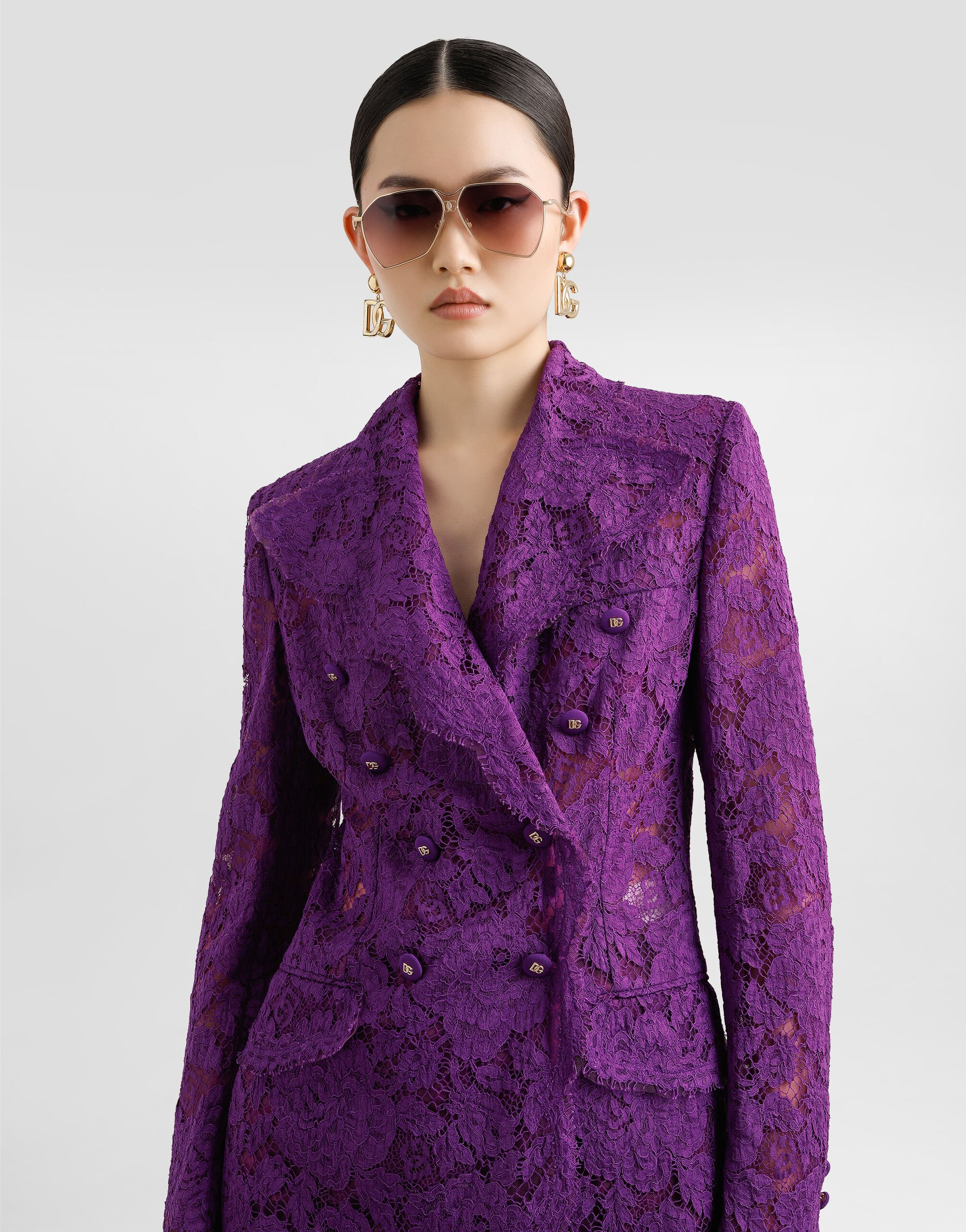 女士PurpleDouble-breasted cordonetto floral lace jacket