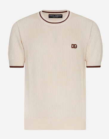 Dolce & Gabbana Round-neck cotton sweater with DG logo Brown G2NZ2TFU5SW