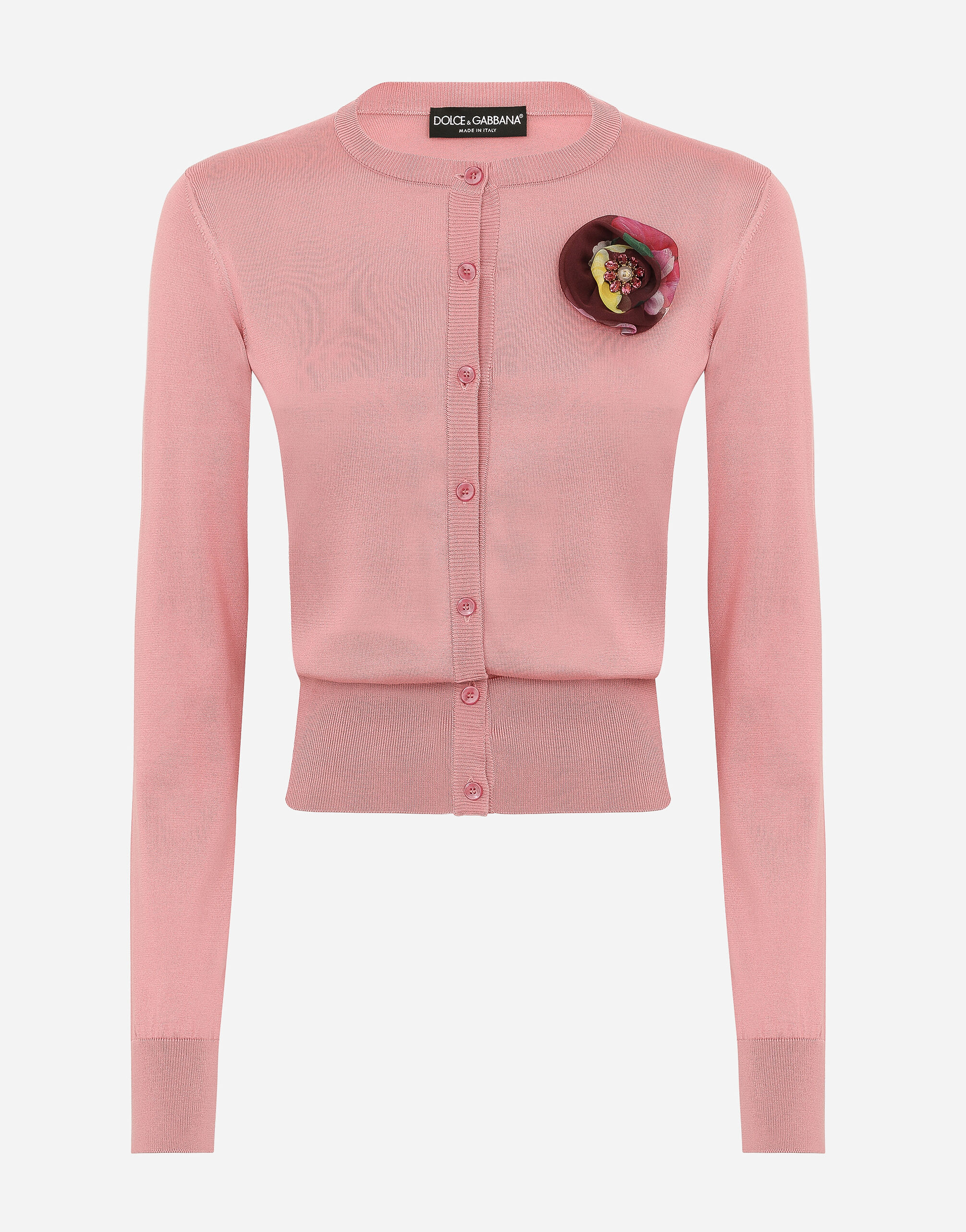 Dolce & Gabbana Cardigan en soie avec fleur appliquée Rose FXV07ZJBSHX