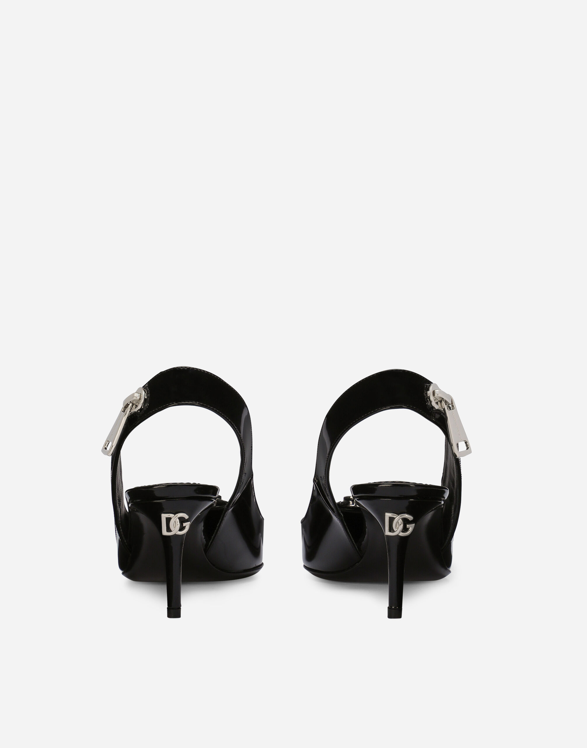 DOLCE&GABBANA ブラックエナメルストラップヒール Polished calfskin slingbacks with zipper in Black for Women