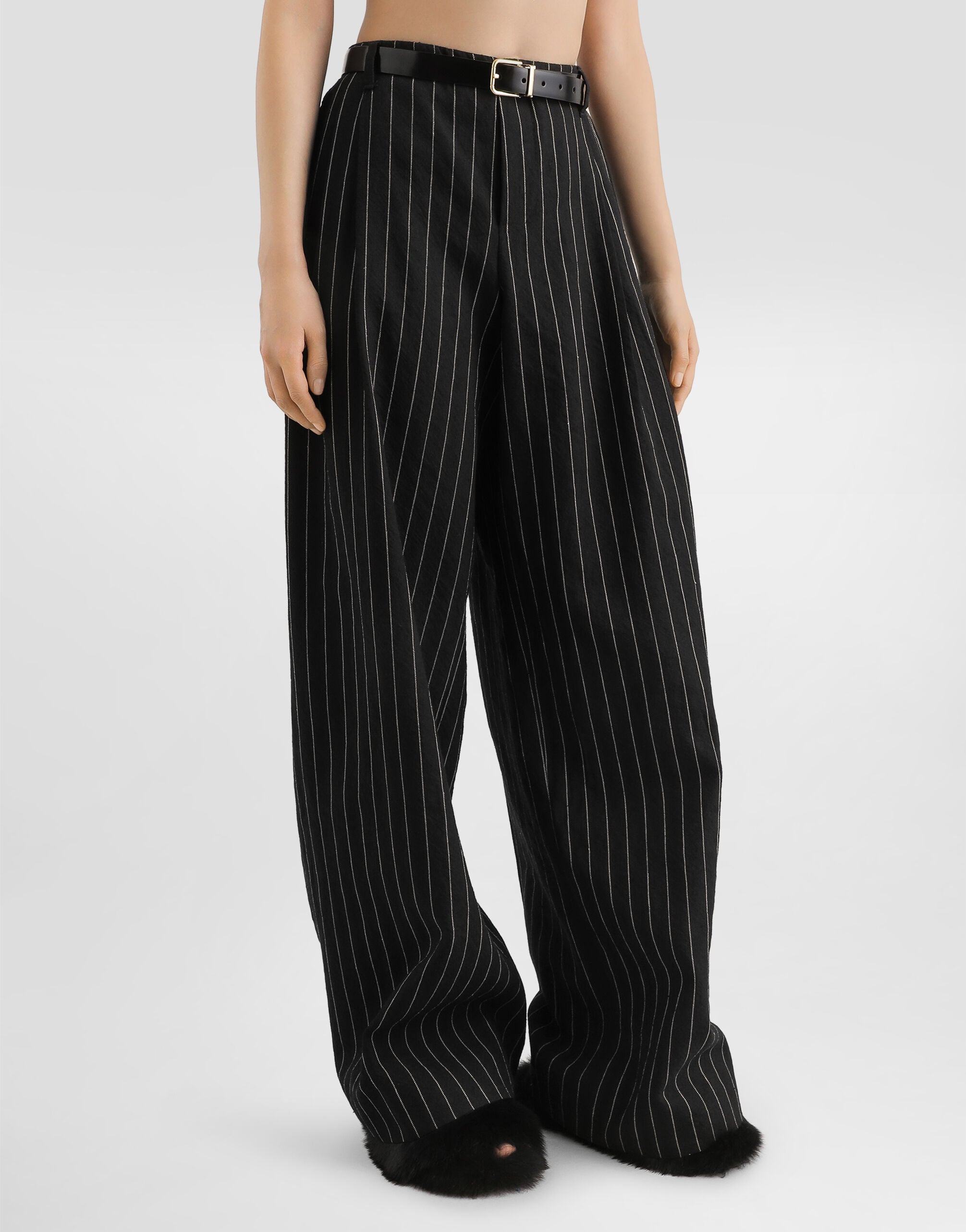 Pinstripe trousers in virgin wool and linen in Multicolor for