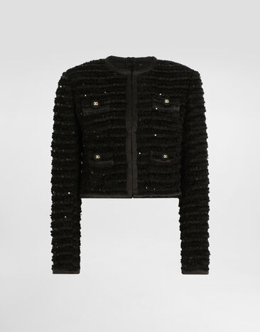 Dolce & Gabbana Short single-breasted tweed jacket with micro-sequin embellishment Black F27CETHUMKN