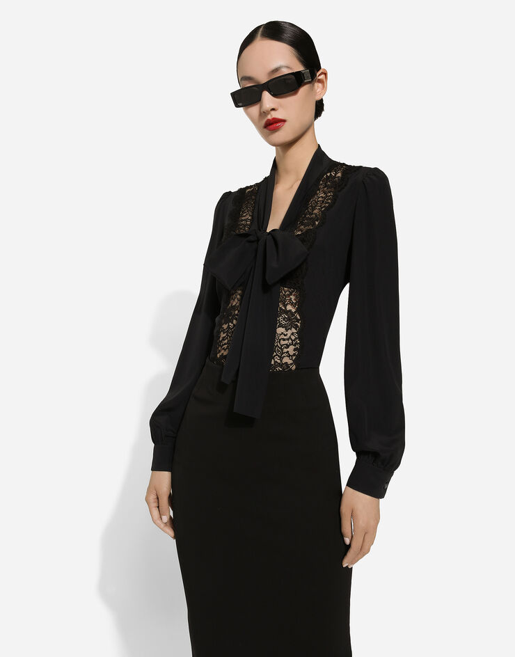 Dolce & Gabbana Silk shirt with lace inlay Black F5R31TFUABS