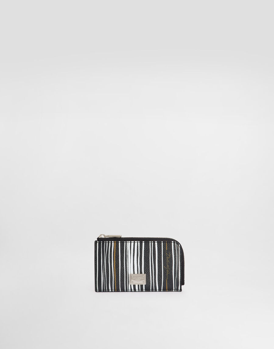 Stripe-print card holder in calfskin