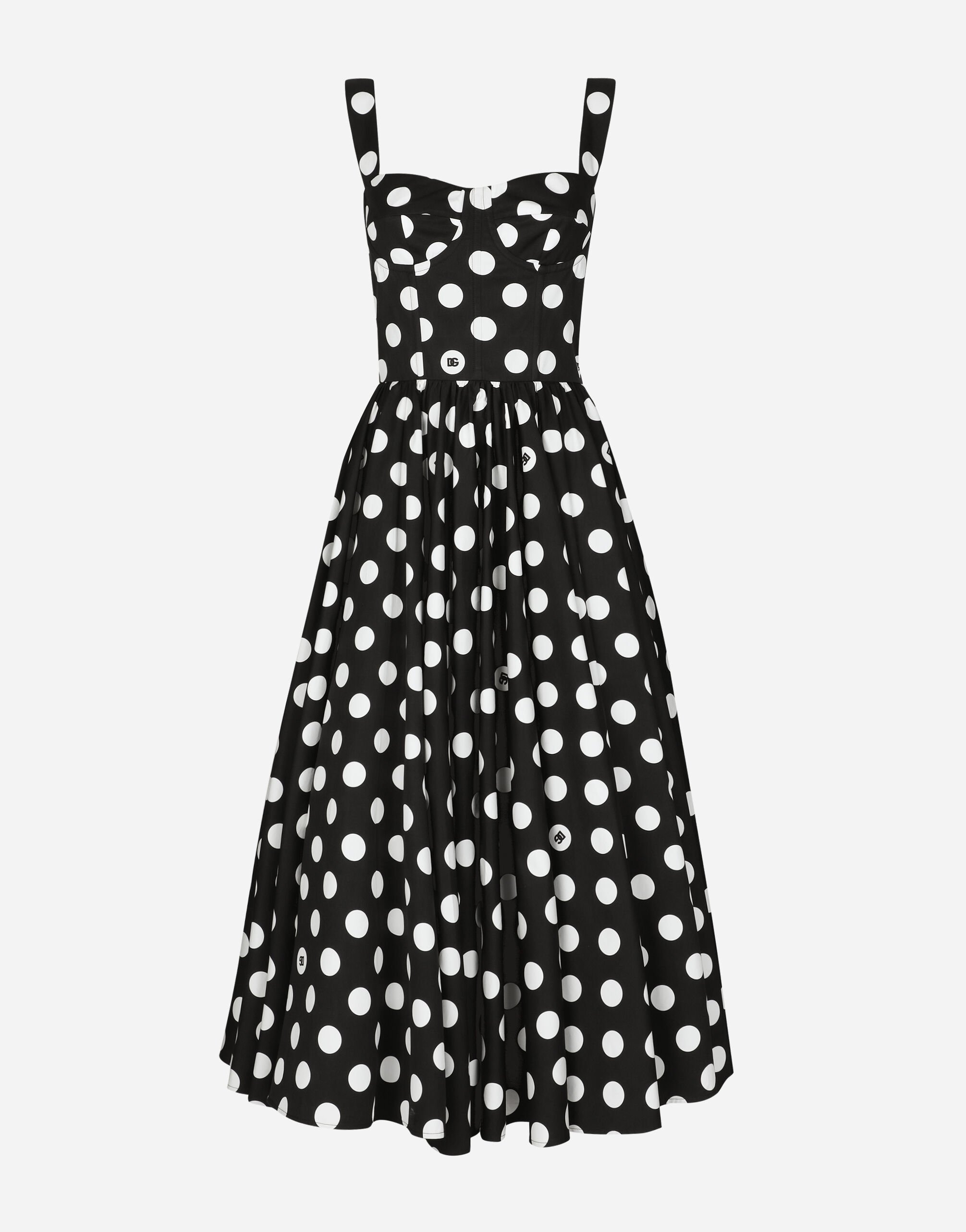 Cotton calf length corset dress with polka dot print in Print for Women Dolce Gabbana US