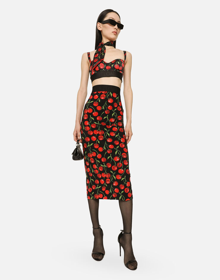 Dolce&Gabbana Technical jersey calf-length skirt with elasticated band with logo and cherry print Multicolor F4COCTFSG54