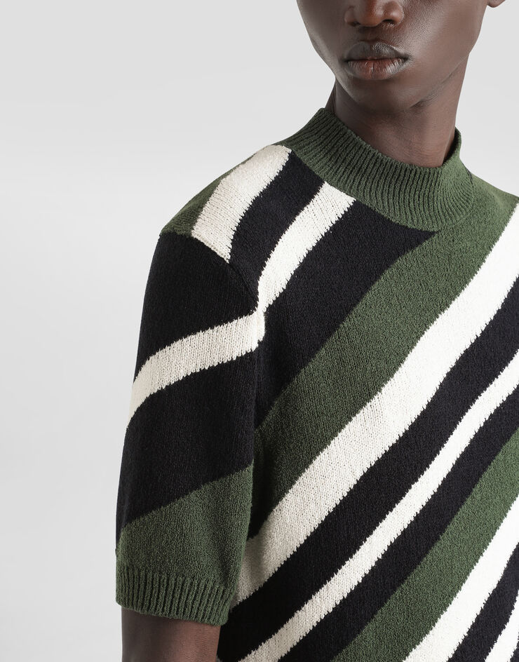 Dolce & Gabbana Jersey de algodón de manga corta con cuello alto e intarsia a rayas Verde GXW54TJFMMS